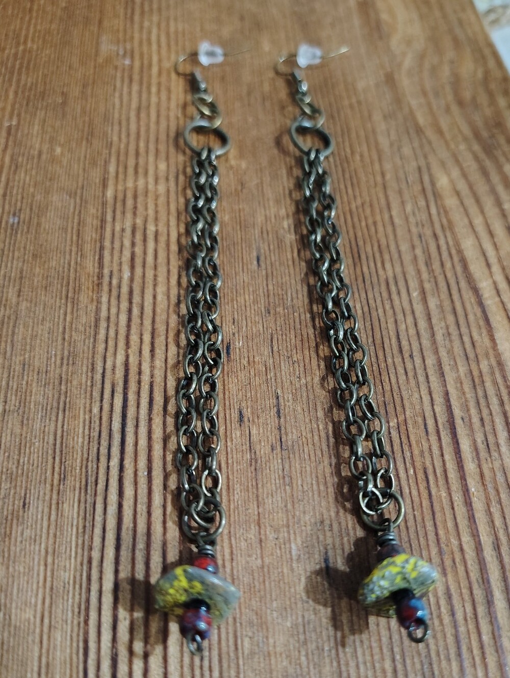 Long Dangle Chain Earrings with Yellow Accented Beads,  Handmade Earrings